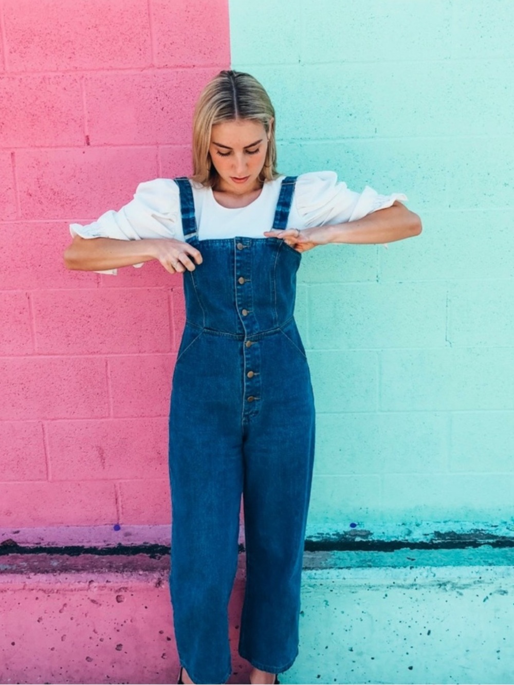 High-Rise Button-Front Denim Overalls in Blue